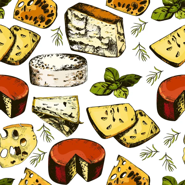 Patrón de dibujo a mano con diferentes quesos . — Vector de stock