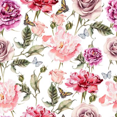 Desen suluboya gerçekçi gül, Şakayık ve kelebekler.