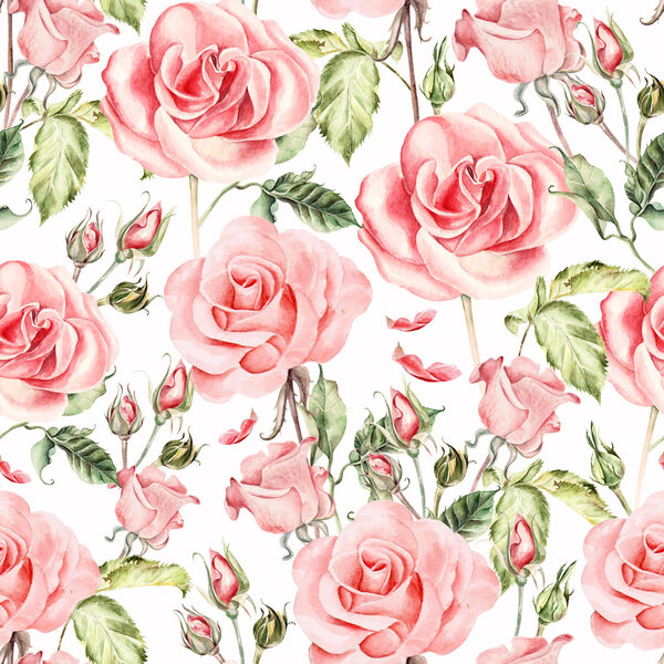 Pattern with watercolor realistic rose.