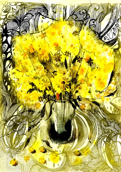 Aquarell-Illustrationen von Gänseblümchen in einer Vase — Stockfoto