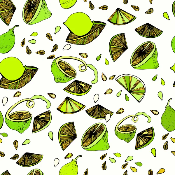 Modèle sans couture avec une image colorée lumineuse de citrons verts sur un fond blanc . — Image vectorielle
