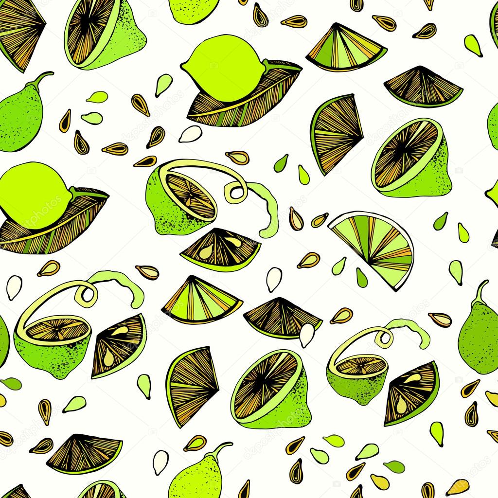 Seamless pattern with bright colorful image of limes on a white background.