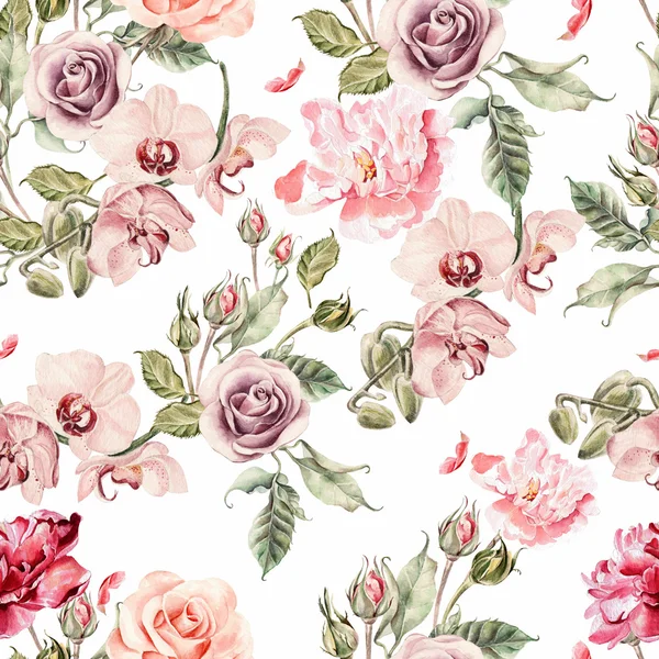 Seamless pattern with orchid flowers, roses, peony and leaves. — Stock Photo, Image