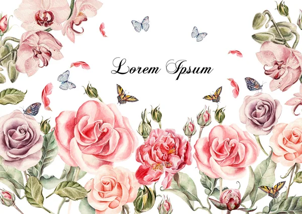 Vacker akvarell kort med pion blommor, rosor. Fjärilar och växter. — Stockfoto