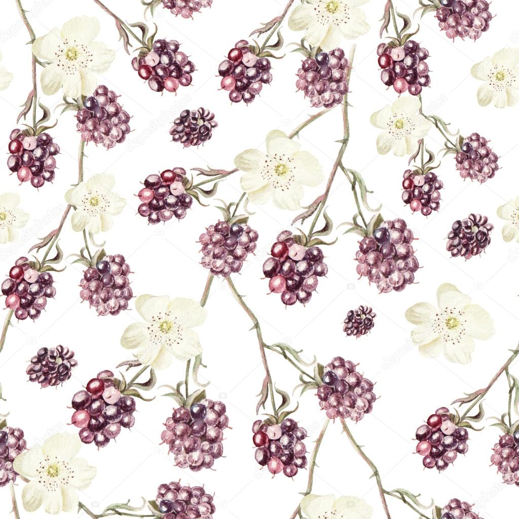 Water color pattern with blackberries and flowers. 