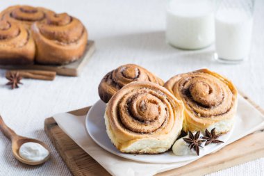 Tarçınlı rulo. Açık kırsal arka planda ev yapımı tarçınlı çörekler, seçici odaklanma.