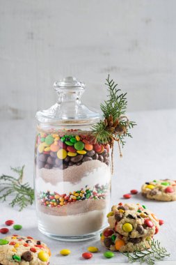 Ev yapımı Noel kurabiyeleriyle cam kavanozda şeker pişirmek için son moda bir karışım. Hafif arkaplan, seçici odak