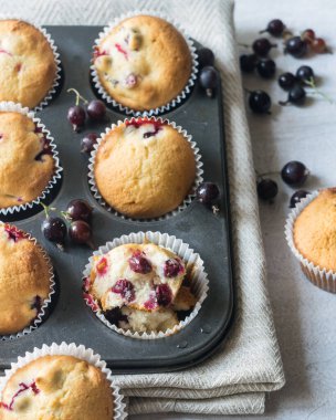 Gri arka planda kek kutusunda böğürtlenli taze kekler, seçici bir odak noktası..