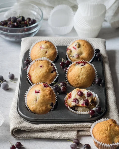 Fresh baked muffins with berries in a muffin tin with one cup of berries in background, selective focus.