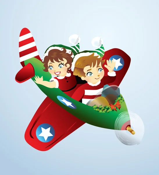 Ajudante de Papai Noel em um avião de Natal —  Vetores de Stock