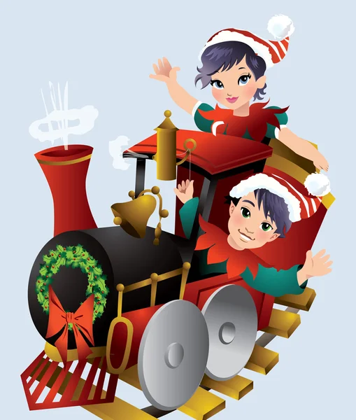 Ajudante de Papai Noel em um trem de Natal —  Vetores de Stock