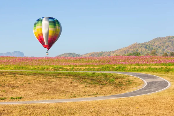 mavi gökyüzünde sıcak hava balonunu renklendir ve güzel çiçeklerin üzerinde manzarayı 