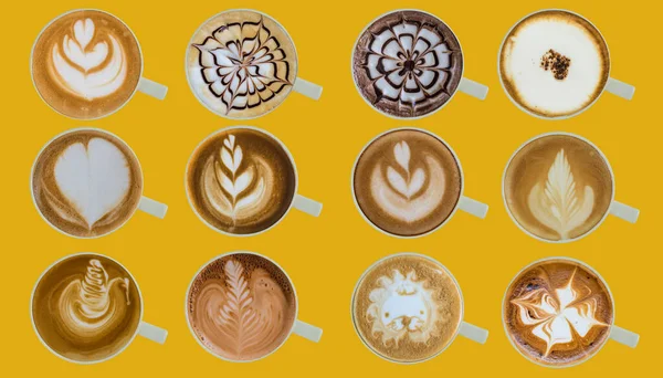 Üst görünüm sanat koleksiyonu. Sarı arka planda sıcak kahve fincanı. 