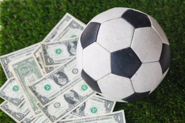  Çimlerin üzerinde dolar banknotları olan futbol topu