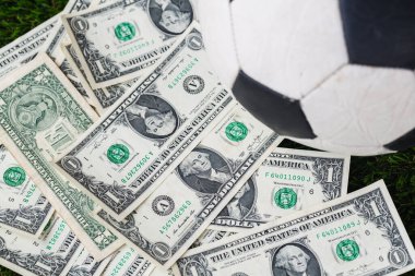  Çimlerin üzerinde dolar banknotları olan futbol topu