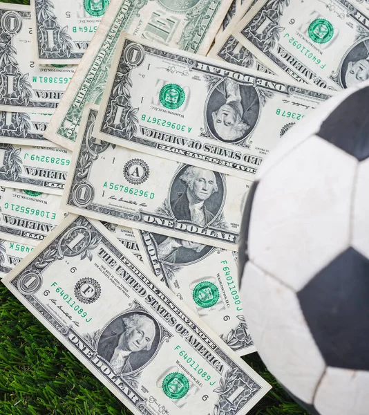 Soccer Ball Dollar Bill Grass Background — Stock Photo, Image