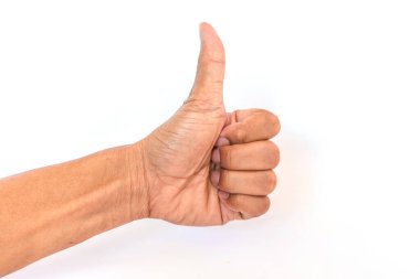 Erkeklerin elleri beyazlar üzerinde izole edilmiş baş parmak yapar. 