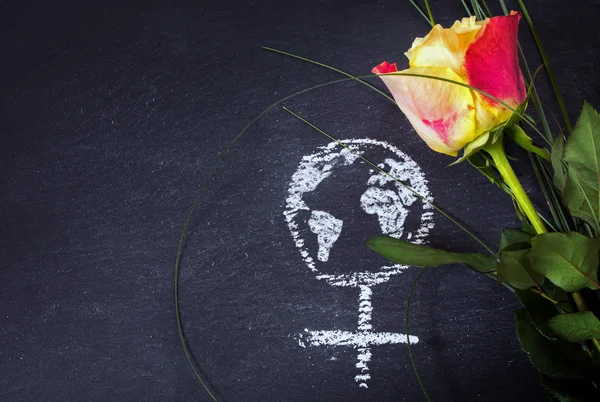 玫瑰和一只手在黑板上绘制地球全球女性签订 — 图库照片