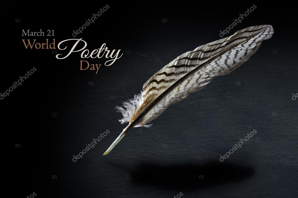 World Poetry Day with a black and white patterned feather over a dark  background, sample text Stock Photo by ©fermate 102014712