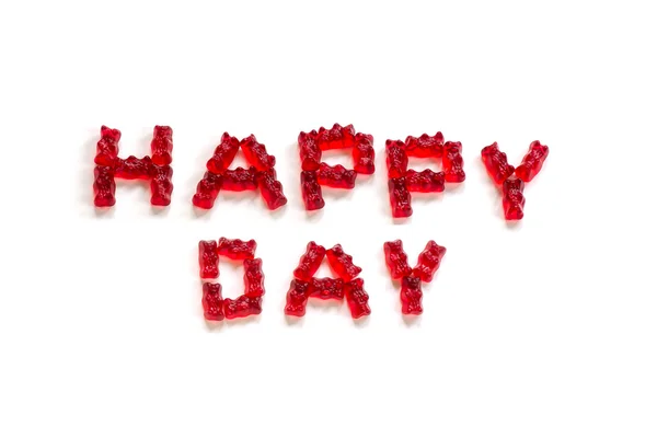 Happy Day, betűkkel készült vörös nyúlós medvék elszigetelt fehér background — Stock Fotó