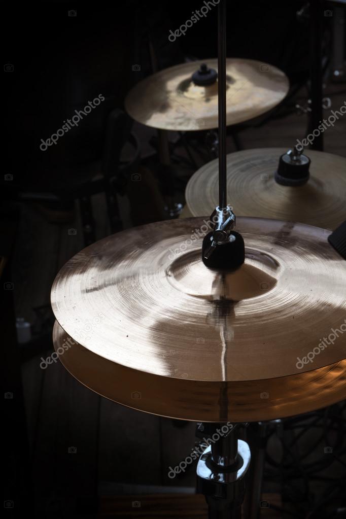 Hihat and cymbals on stage, musical instruments in a percussion drum