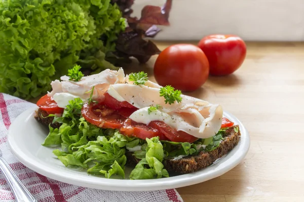 Сэндвич из темной цельной муки ржаной хлеб с помидорами, зеленый салат и филе куриной грудки — стоковое фото