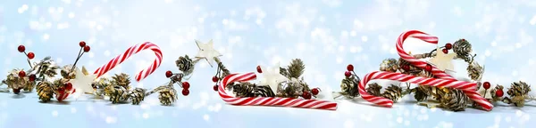 Panoramic Christmas Banner Candy Canes Cones Wooden Stars Artificial Red — Stock Photo, Image