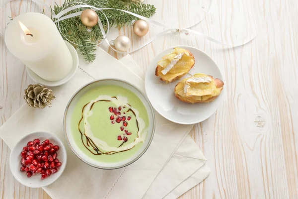 Festive Cream Soup Apples Peas Pomegranate Seeds Baked Camembert Baguette — Stock Photo, Image