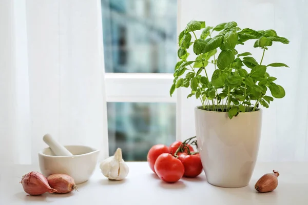 Παράθυρο Περβάζι Στην Κουζίνα Potted Βασιλικό Ντομάτες Κρεμμύδι Και Σκόρδο — Φωτογραφία Αρχείου