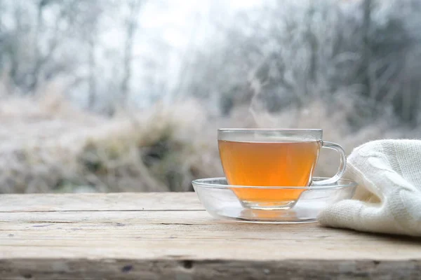 Hot Tea Rustic Wooden Table Outdoors Cold Winter Morning Copy — Stock Photo, Image