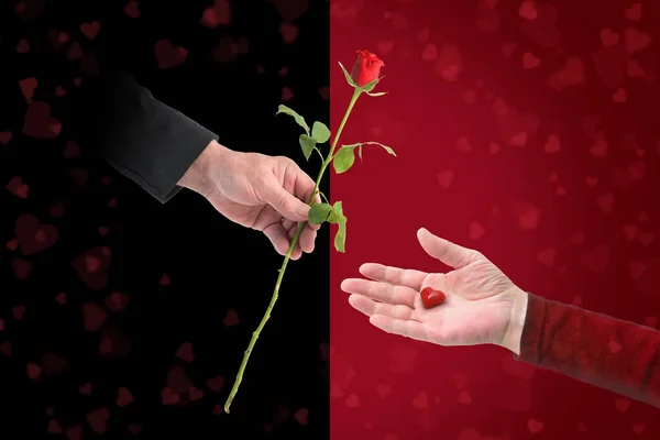 赤と黒の半分の背景を持つガラスからバラと心を持つ男と女の手 バレンタインや結婚式の日のための愛の概念 スペースをコピー — ストック写真