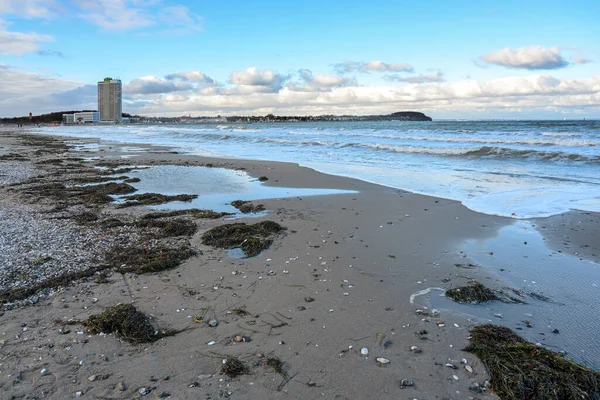 Praia Mar Báltico Com Ondas Azuis Areia Molhada Algas Seixos — Fotografia de Stock