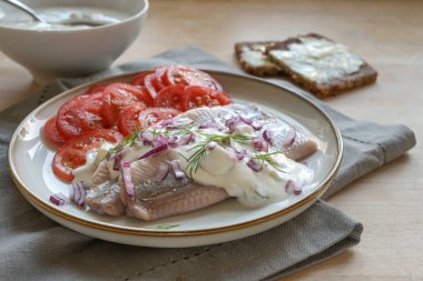 Geleneksel Hollanda tuzlu ringa filetosu, krema soslu maatje, kırmızı soğan, dereotlu garnitür ve domates salatası olarak da bilinir. Tahta bir masada servis edilir, seçilmiş odak noktası, dar bir tarla derinliği.