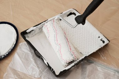 Bir daire, kopyalama alanı, seçili odak, dar alan derinliği yenilenirken yerdeki kapak folyosuna boya ve küvet