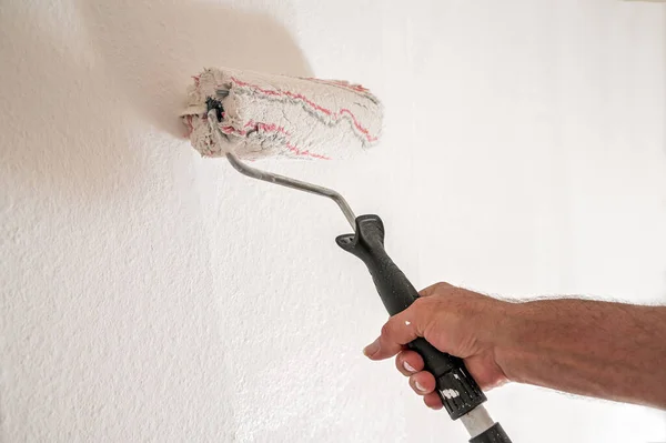 Male Hand Paint Roller Painting Walls Renovation Concept Moving New — Stock Photo, Image