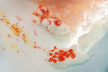 Serratia marcescens, kırmızı pigmentli çubuk şekilli bakteri bir paket peynirde büyüyor, muhtemelen dolgu sırasında bulaşma, sağlık konsepti, hijyen ve gıda bozulmasını önleme, kopyalama alanı, seçilen makro çekim ile soyut makro çekim 