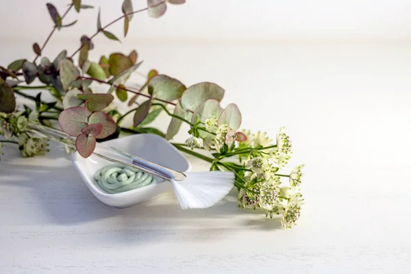 Mascarilla Humectante Cosmética Tazón Pequeño Con Cepillo Unas Ramas Flores —  Fotos de Stock