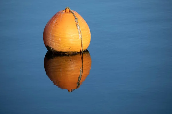 Pomerančová Bóje Odrazem Modré Klidné Vodě Jezera Koncepce Relaxace Pauza — Stock fotografie