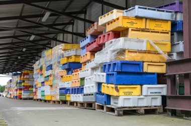 Sassnitz, Almanya, 20 Ağustos 2020: Farklı ülkelerden gelen taze balıklarla dolu renkli plastik kutular Baltık Denizi adası Rugen 'deki balık üretim fabrikasına teslim edildi.