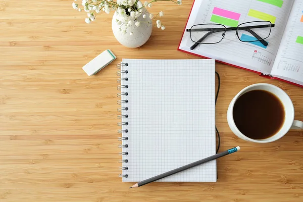 Flat Lay Mock Blank Spiral Notebook Wooden Desk Organizer Coffee — Stock Photo, Image