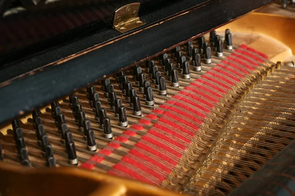 Detalle Dentro Piano Cola Alfileres Clavijas Con Cuerdas Poco Polvo —  Fotos de Stock