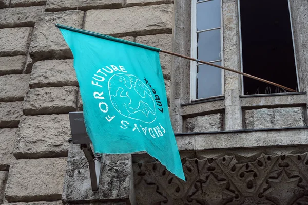 Vlajka Textem Pátek Pro Future Lubeck Visící Okna Starém Městském — Stock fotografie