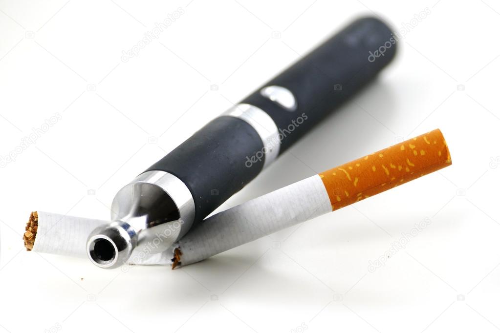 E-cigarette breaks tobacco cigarette, isolated on white backgrou