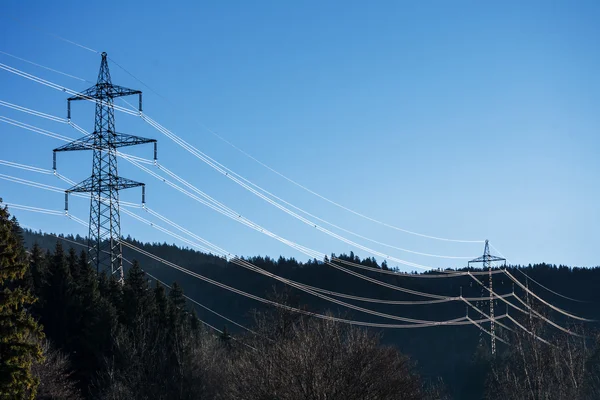 Línea eléctrica de alto voltaje a través del bosque —  Fotos de Stock