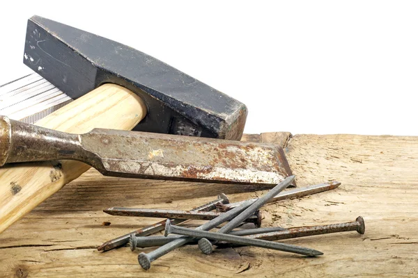 Vieux outils de menuiserie sur fond bois rustique blanc — Photo