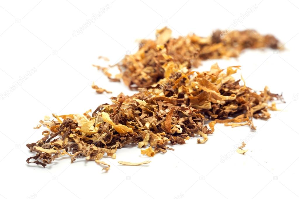 loose tobacco, close up isolated on white 