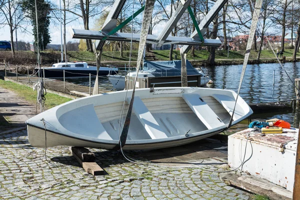 Boat on the quay, ready for lifting into the water — Stock Image Boat on the quay, ready for lifting into the water Royalty Free Stock Images