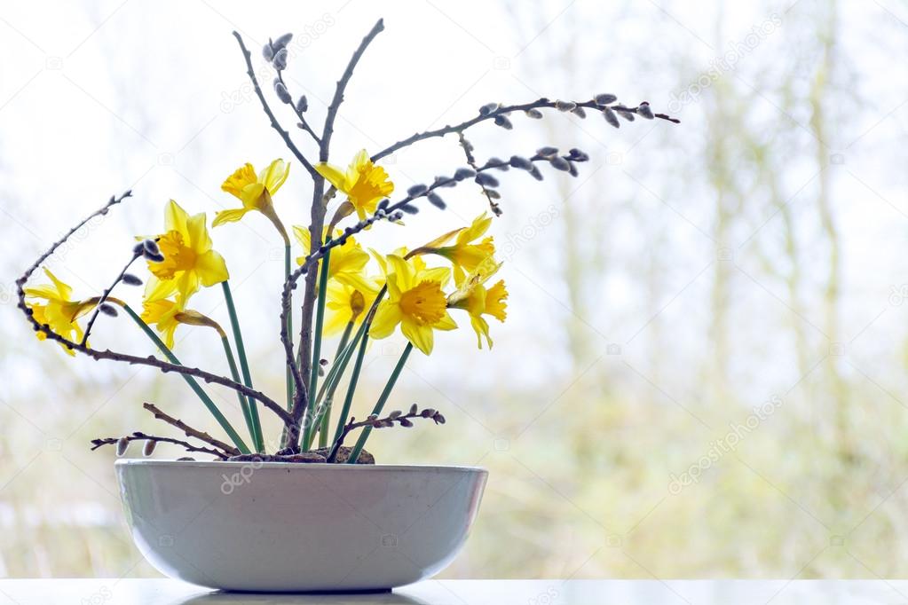 spring decoration, daffodils and pussy willow in a ceramic bowl 