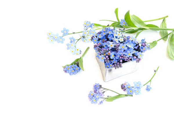 Silver heart shape with forget-me-not flowers isolated on white — Stock Photo, Image