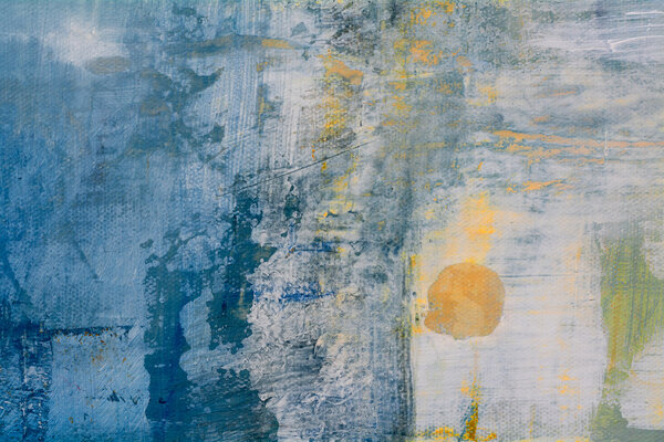 abstract original painting on canvas, golden ball in blue